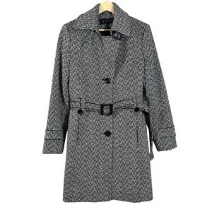 Giacca Women's Coat Black Herringbone Wool Blend Tweed Belted Long Coat Size S